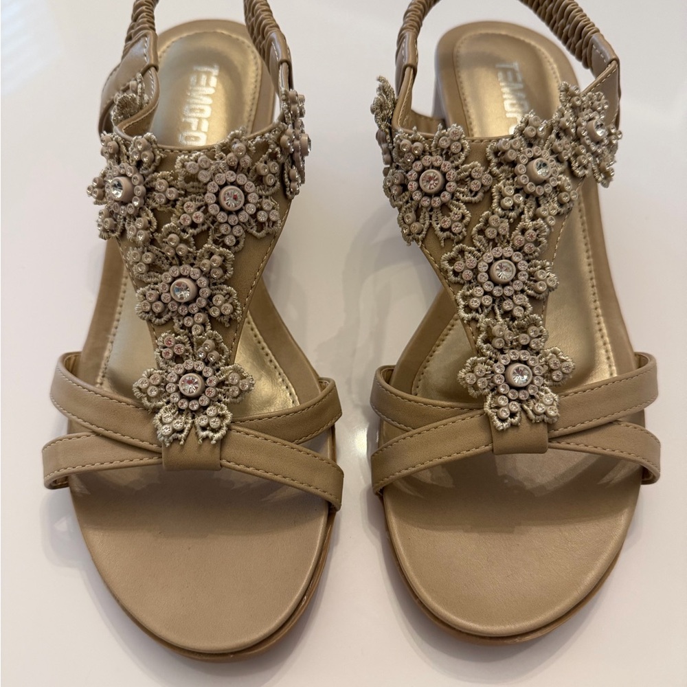 Chic Tan Embellished Sandals Wedge Mother of the Bride Tempfon